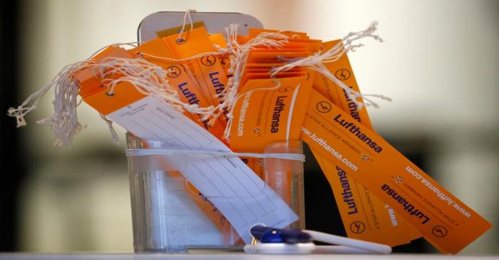 Baggage tags of German air carrier Lufthansa are seen at the airport in Frankfurt