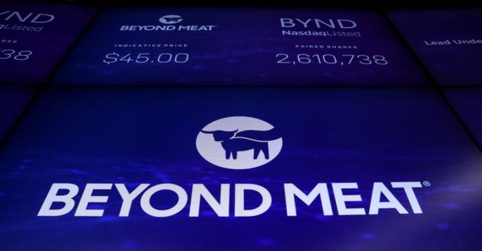 FILE PHOTO: The company logo and trading information for Beyond Meat is displayed on a screen