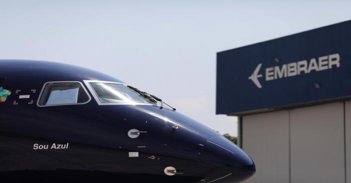 E2-195 plane with Brazil's No. 3 airline Azul SA logo is seen during a launch event in Sao Jose