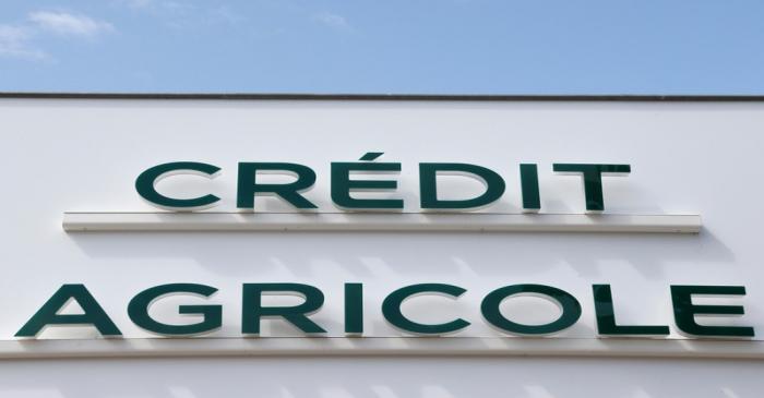 A logo of Credit Agricole is seen outside a bank office in Bordeaux
