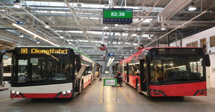 Buses pictured on the assembly line at the Solaris Bus & Coach plant in Bolechowo near Poznan,