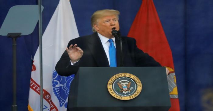 U.S. President Donald Trump delivers remarks at a Veterans Day Parade and Wreath Laying