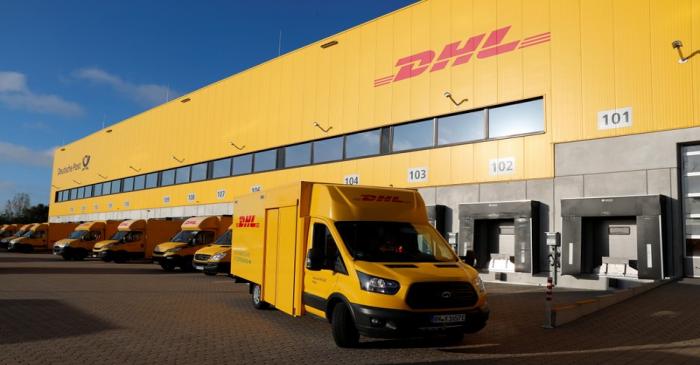 An electric powered truck of German postal and logistics group Deutsche Post DHL is pictured at