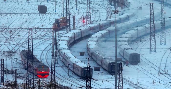 FILE PHOTO: Trains are seen on the Trans-Siberian railway on a cold day in the Siberian city of