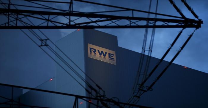 The logo of RWE, one of Europe's biggest electricity and gas companies is seen at block F/G of