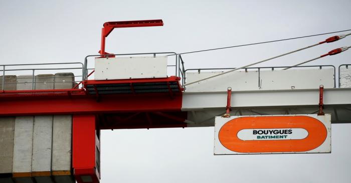 The logo of French construction group Bouygues is pictured on a construction crane in Nantes