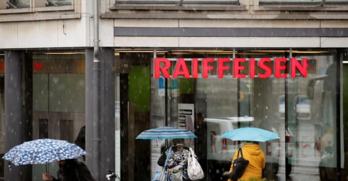 The logo of Swiss Raiffeisen bank is seen at an office branch in Zurich