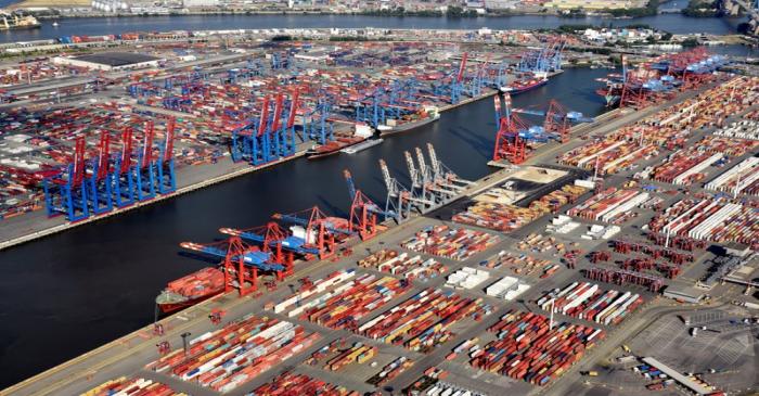 FILE PHOTO: Aerial view of containers at a loading terminal in the port of Hamburg