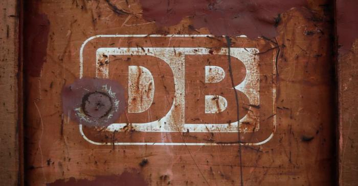 A rusted logo of Deutsche Bahn AG is pictured on a lorry that waits for demolition at a