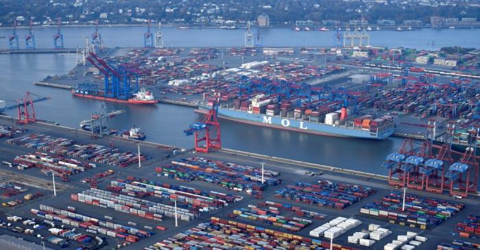 Aerial view of a container terminal in the port of Hamburg