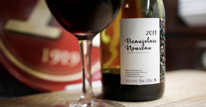 A bottle of Beaujolais Nouveau wine is pictured in a bistrot in Paris