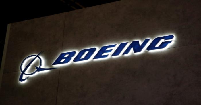 FILE PHOTO: A Boeing logo pictured during EBACE in Geneva