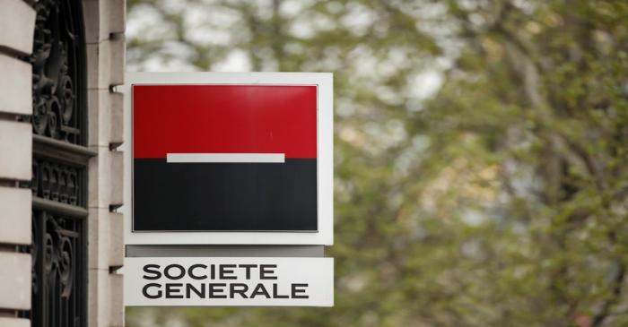 The logo of French bank Societe Generale is pictured at a bank buidling in Paris