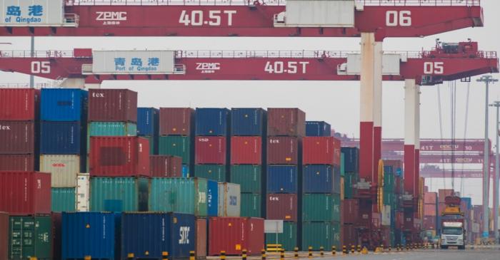Containers are seen at a port in Qingdao, Shandong