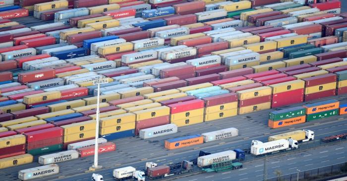 Containers are seen at a terminal in the port of Hamburg