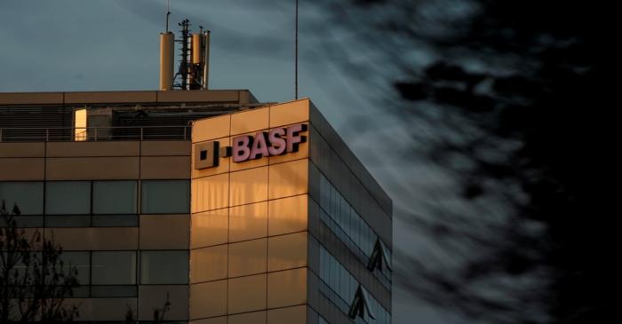 FILE PHOTO: The chemical company BASF building in Levallois-Perret is seen at sunset