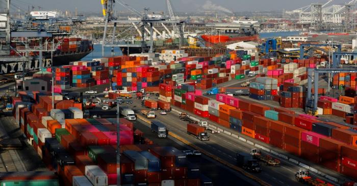 FILE PHOTO: Shipping containers are pictured at Yusen Terminals at the Port of Los Angeles in
