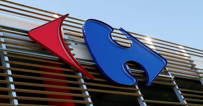 A Carrefour logo is seen on a Carrefour Hypermarket store in Merignac near Bordeaux