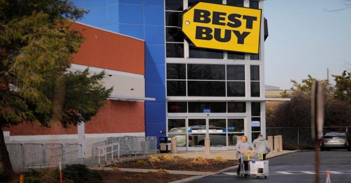 A sign marks a Best Buy store in Burlington