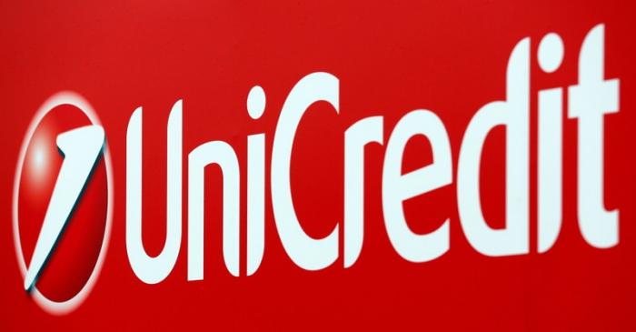FILE PHOTO: Unicredit bank logo is seen on a banner downtown Milan
