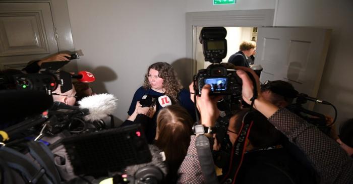 PAU leader Heidi Nieminen speaks to the media following a meeting with national labour