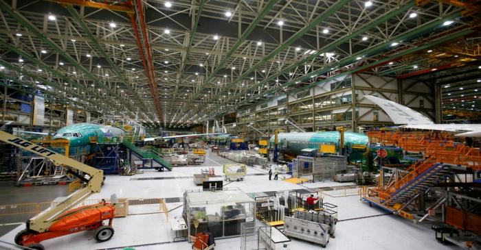 FILE PHOTO: Several Boeing 777X aircraft in various stages of production