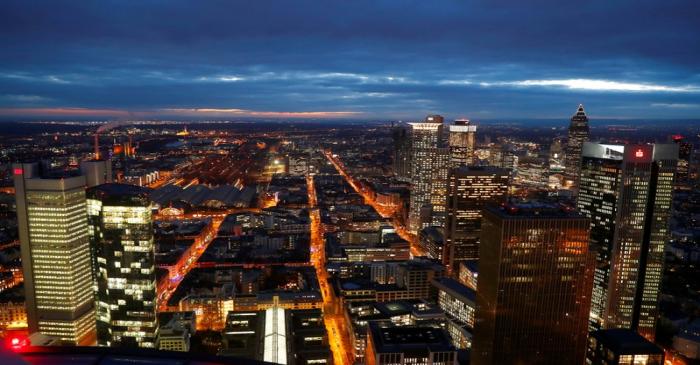 FILE PHOTO: The financial district is photographed on early evening in Frankfurt