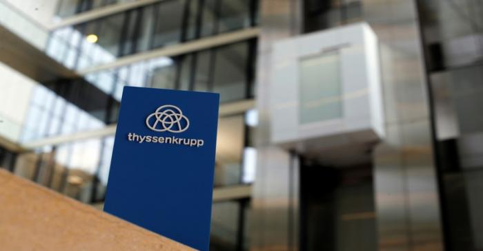 FILE PHOTO:  The logo of Thyssenkrupp is seen near elevators in its headquarters in Essen