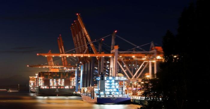 Container ships are loaded at a loading terminal in the port of Hamburg