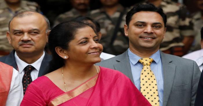 India's Finance Minister Nirmala Sitharaman (C) and Krishnamurthy Subramanian (R), chief