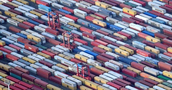 Containers are seen at a terminal in the port of Hamburg