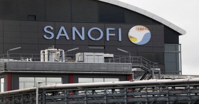 The logo of Sanofi is seen at the company's research and production centre in Vitry-sur-Seine,