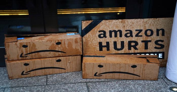 A rally against Amazon and their business practices in the Manhattan borough of New York City