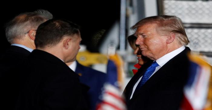 U.S. President Donald Trump and first lady Melania arrive at Stansted Airport