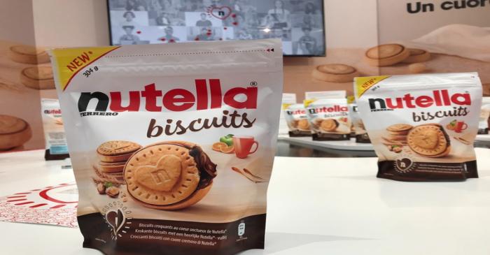 Packages of Nutella biscuits are displayed during a presentation in Milan