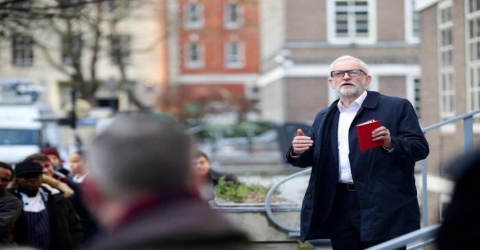 Britain's opposition Labour Party leader Jeremy Corbyn speaks outside University of London, in