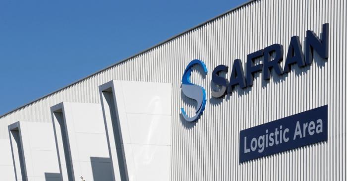 FILE PHOTO: The Safran company logo is pictured at the company's logistic area in Colomiers