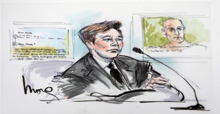 Elon Musk is shown in a courtroom drawing in court during the trial in a defamation case filed