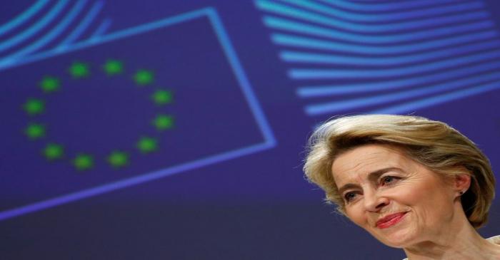 European Commission President Ursula von der Leyen briefs the media after the first meeting of