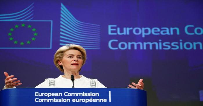 European Commission President Ursula von der Leyen briefs the media after the first meeting of