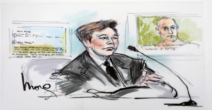 Elon Musk is shown in a courtroom drawing in court during the trial in a defamation case filed