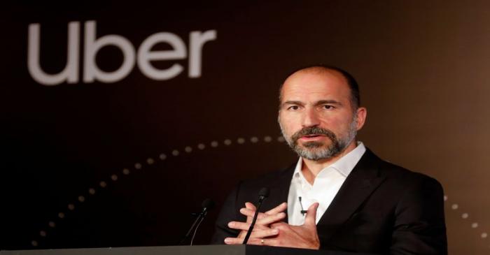 Uber CEO Dara Khosrowshahi speaks to the media at an event in New Delhi