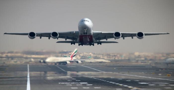 FILE PHOTO: An Emirates Airline Airbus A380 takes off from Dubai International Airport