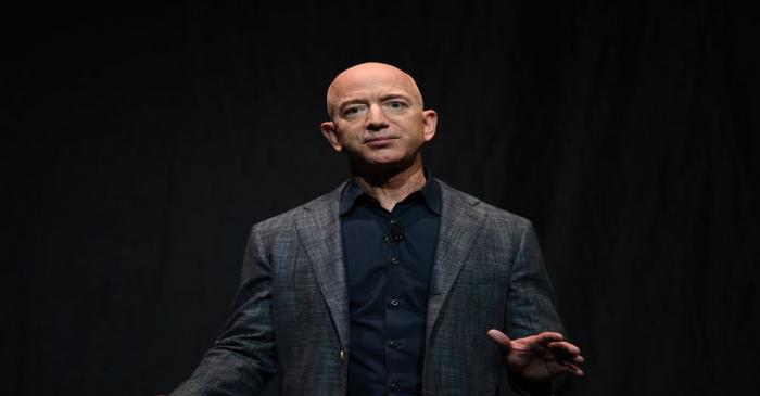 Founder, Chairman, CEO and President of Amazon Jeff Bezos speaks during an event about Blue