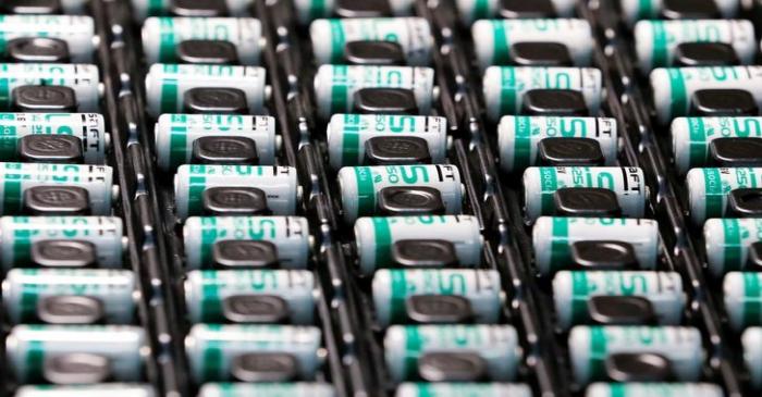 Lithium-ion batteries are pictured at the production site of Saft Groupe, battery specialists,