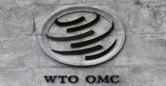 A WTO logo is pictured on their headquarters in Geneva