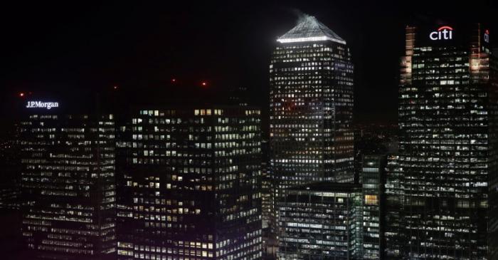 Citibank and J P Morgan buildings are seen in the financial district of Canary Wharf
