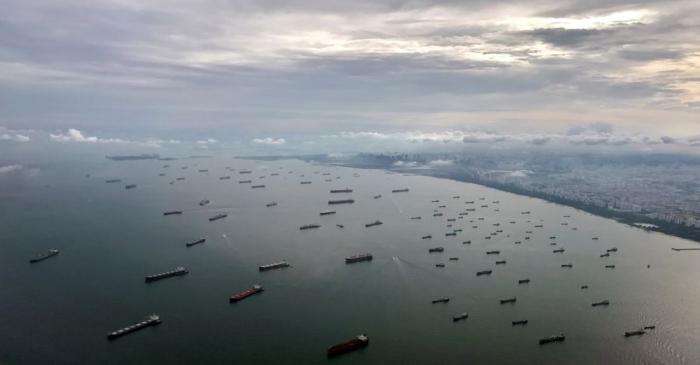 FILE PHOTO: A bird's-eye view of ships along the coast in Singapore