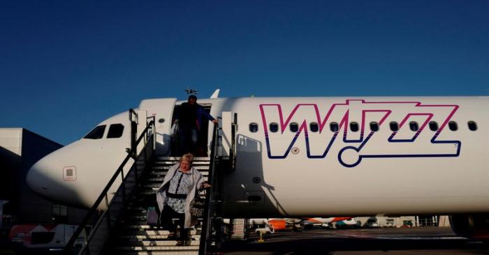 FILE PHOTO: Wizz Air Airbus 321 aircraft is pictured at the London Luton Airport, Luton