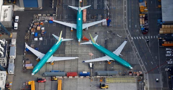 FILE PHOTO: An aerial photo shows Boeing 737 MAX airplanes parked on the tarmac at the Boeing